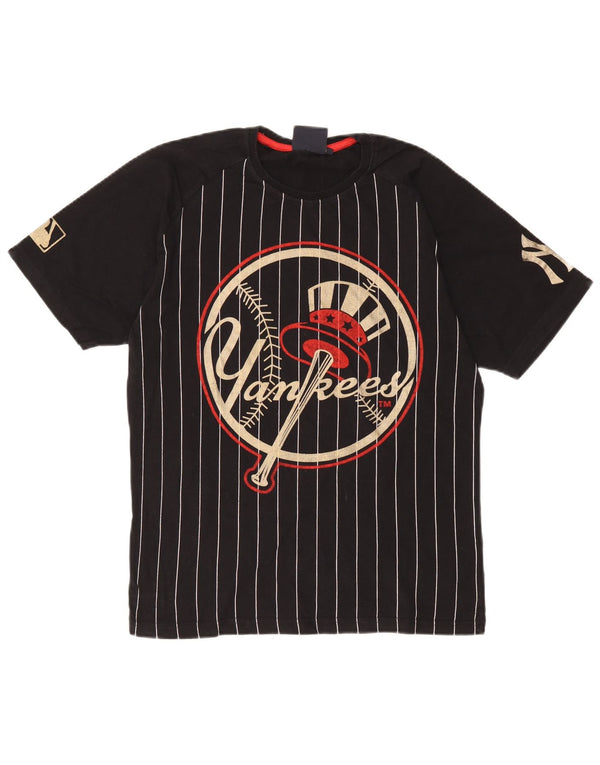 Camiseta masculina Majestic Yankees Graphic Top médio preto listrado de algodão