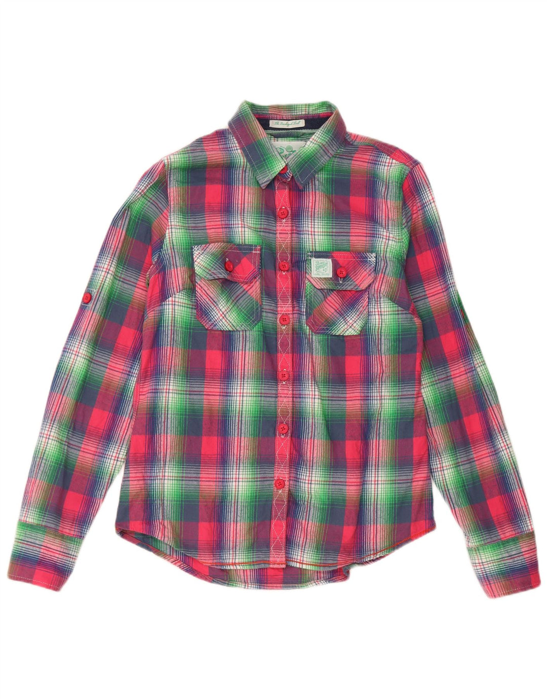 Camisa feminina Superdry UK 14 grande algodão xadrez rosa
