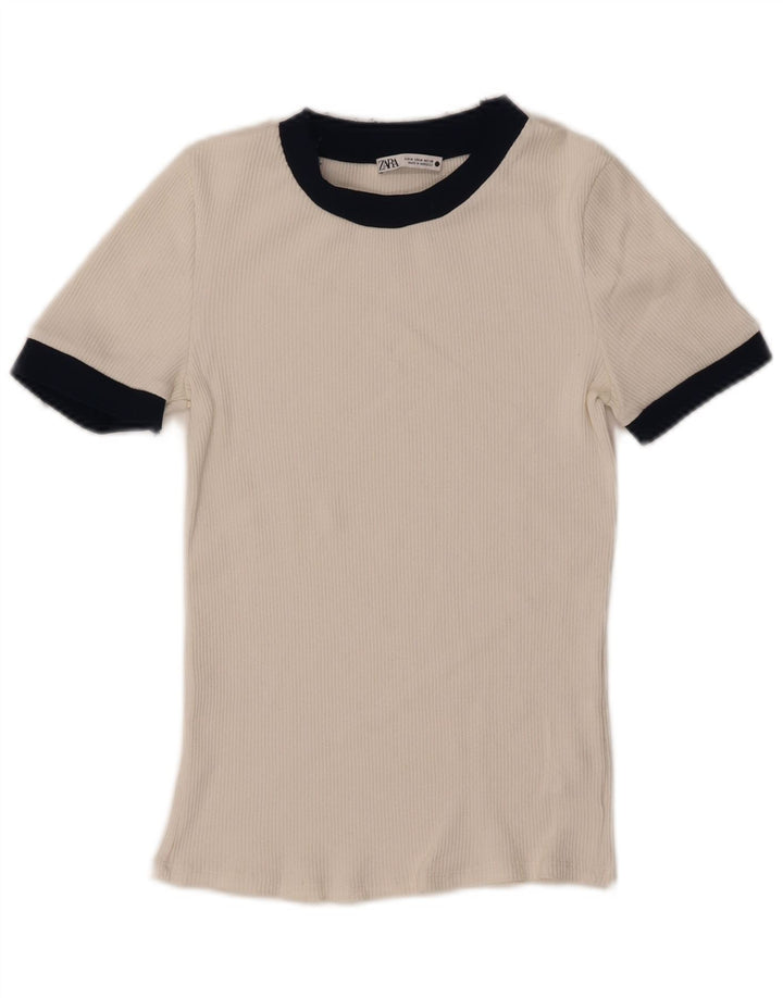 Camiseta feminina Zara UK 12 médio branco colorblock poliéster