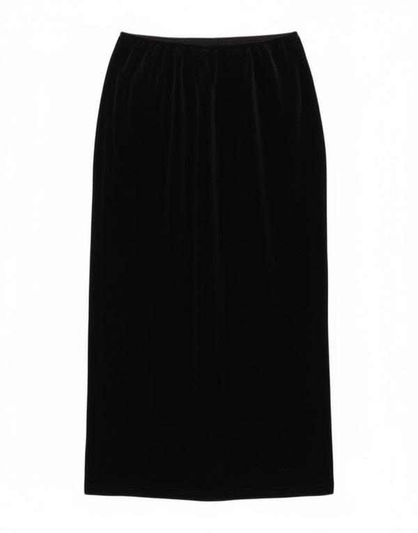 Saia maxi feminina vintage de veludo Reino Unido 16 grande W34 poliéster preto