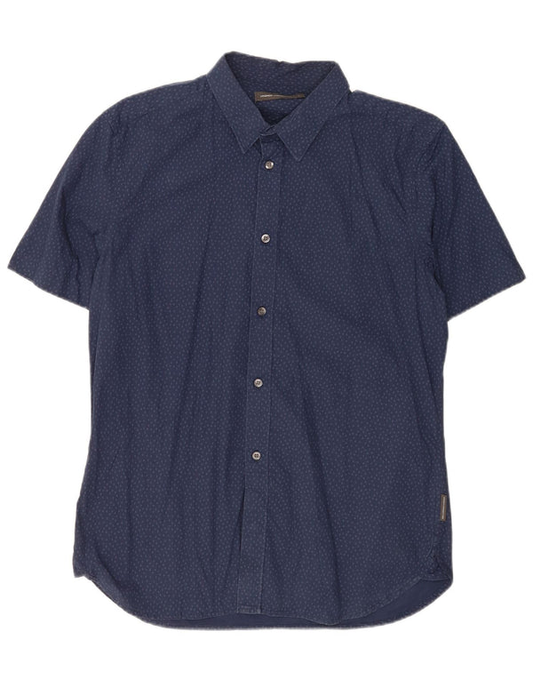 Camisa masculina de manga curta French Connection grande algodão manchado azul marinho