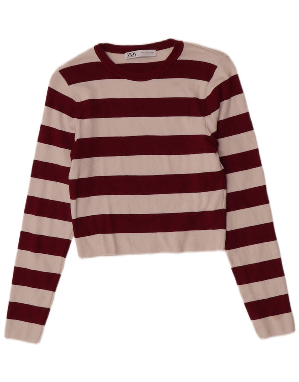 Blusa cropped feminina Zara UK 14 grande viscose listrada cor de vinho