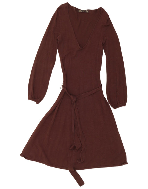 Zara Vestido feminino de manga comprida, Reino Unido 12, médio, marrom, rayon