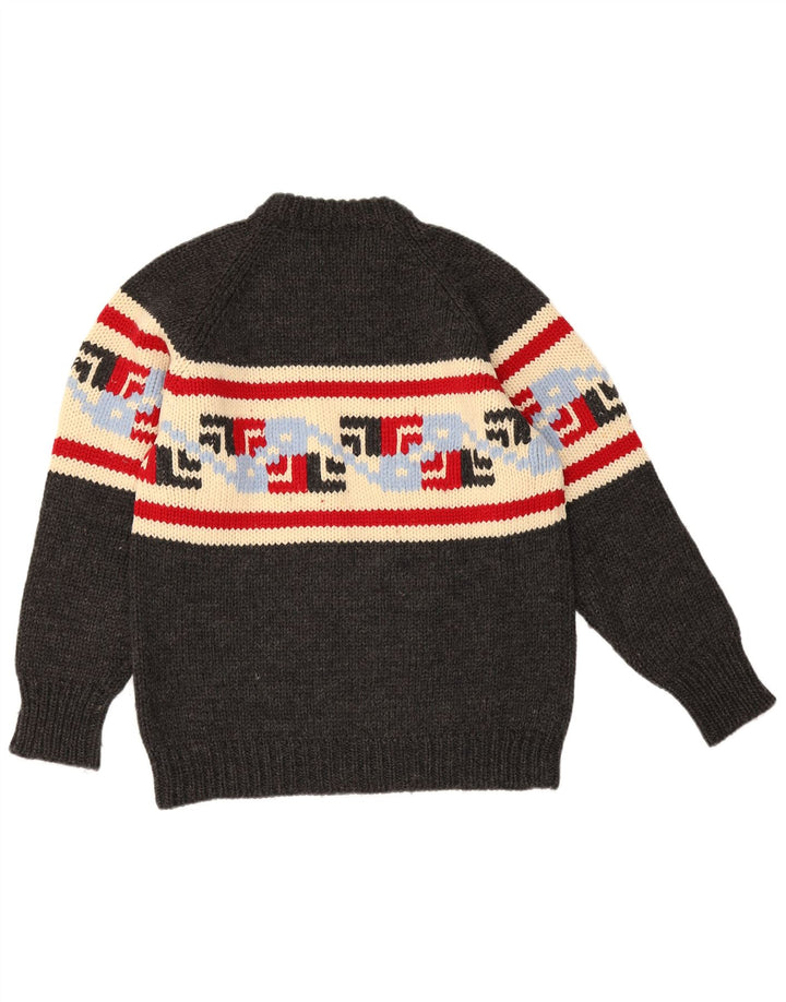 Suéter vintage masculino com gola redonda cinza médio geométrico