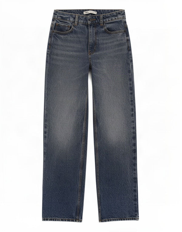 Calça jeans reta feminina Zara EU 34 2XS W24 L30 azul algodão