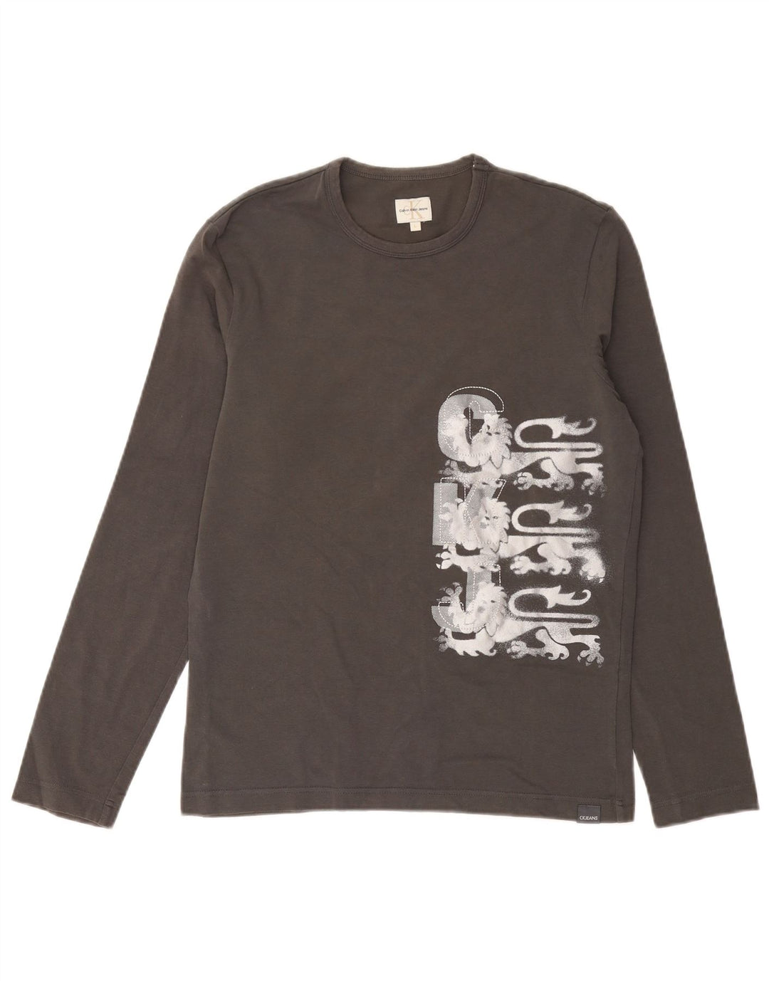 Calvin Klein Jeans masculino gráfico top manga comprida grande algodão cinza