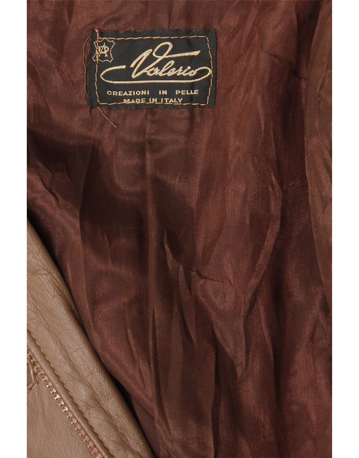 Casaco de couro feminino vintage Reino Unido 14 couro marrom médio