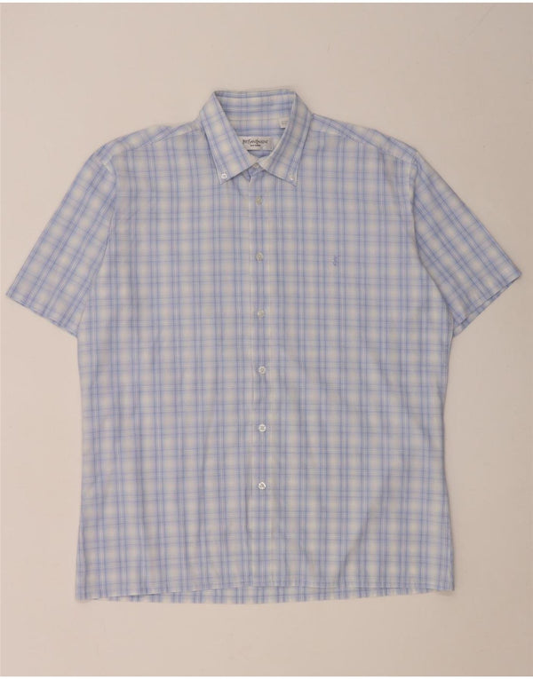 Camisa masculina de manga curta Yves Saint Laurent grande algodão xadrez azul
