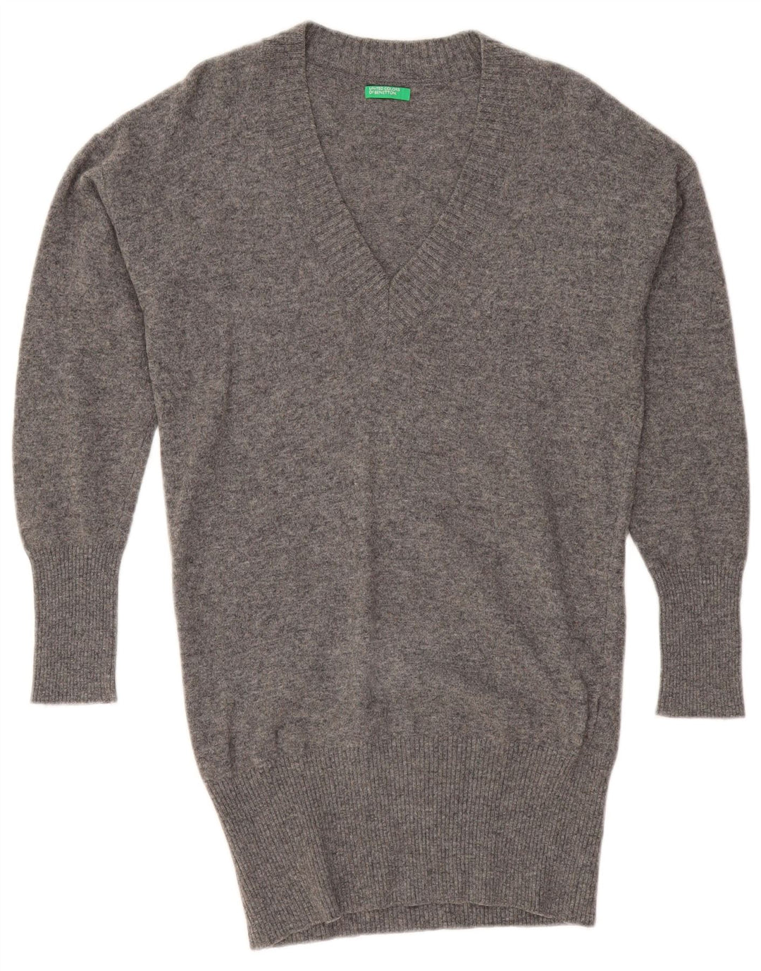 Suéter feminino BENETTON oversized longline com decote em V Reino Unido 10 pequeno cinza