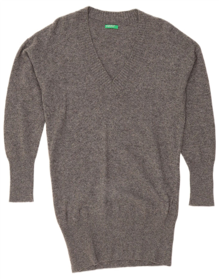 Suéter feminino BENETTON oversized longline com decote em V Reino Unido 10 pequeno cinza