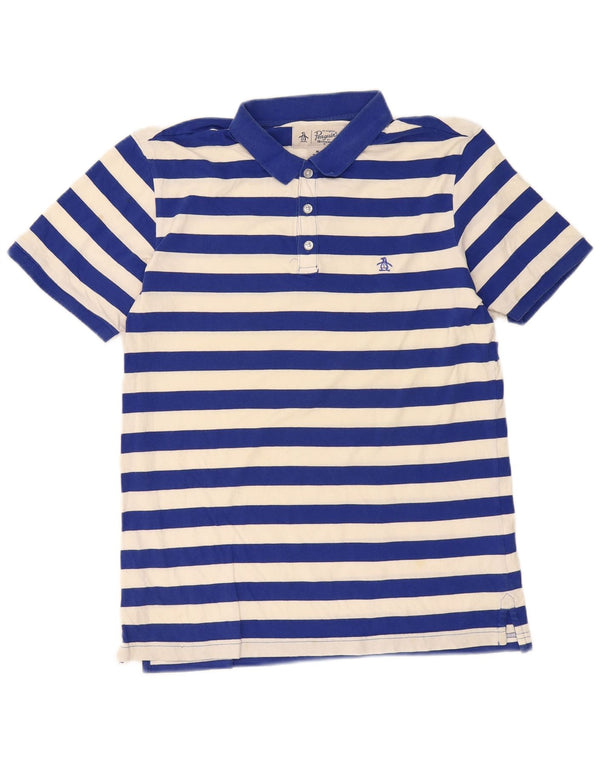 Camisa polo masculina de ajuste regular da Penguin, algodão listrado azul médio