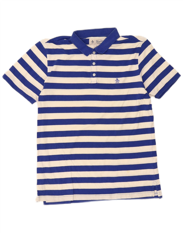 Camisa polo masculina de ajuste regular da Penguin, algodão listrado azul médio