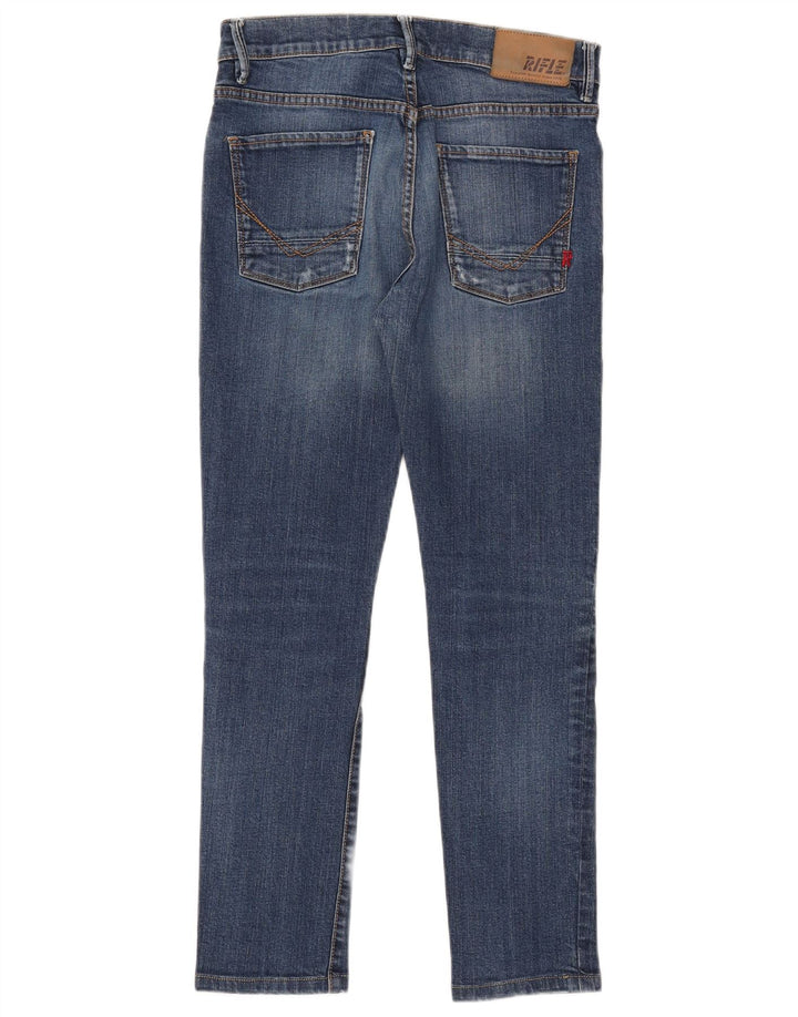 Rifle feminino jeans slim desgastado W30 L28 algodão azul