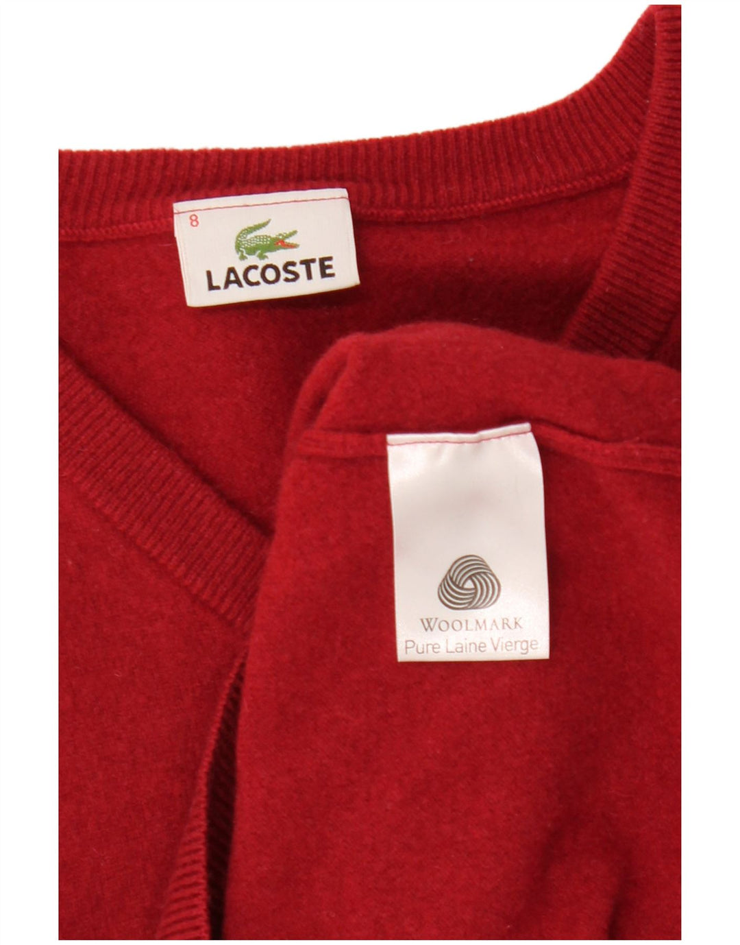 Suéter masculino LACOSTE com decote em V tamanho 8 3XL lã vermelha