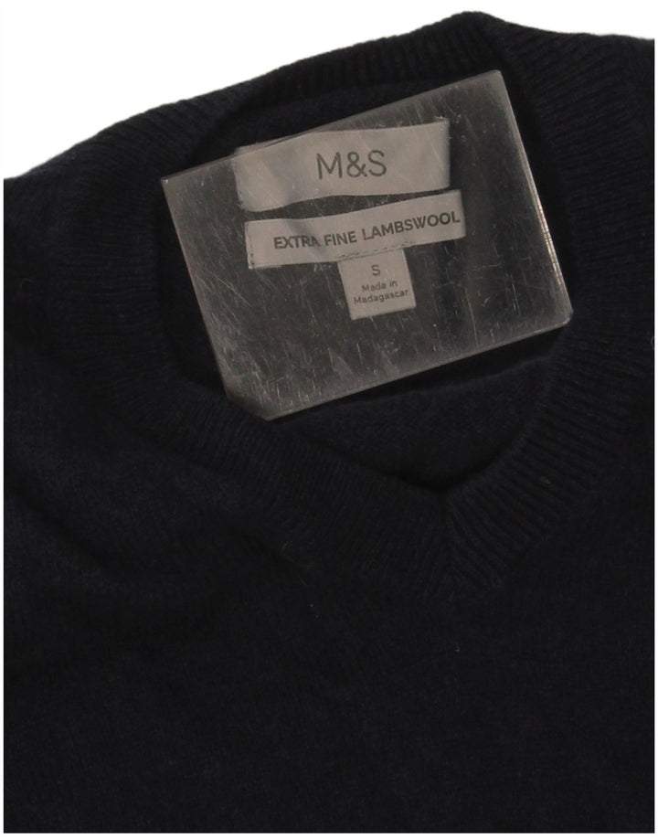 Suéter masculino Marks & Spencer com decote em V pequeno de lã azul marinho