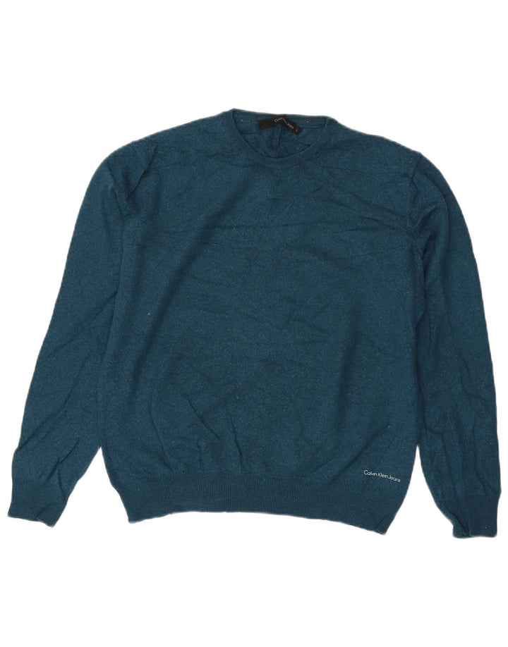 Suéter feminino Calvin Klein Jeans com gola redonda, tamanho 16, grande, azul, lã