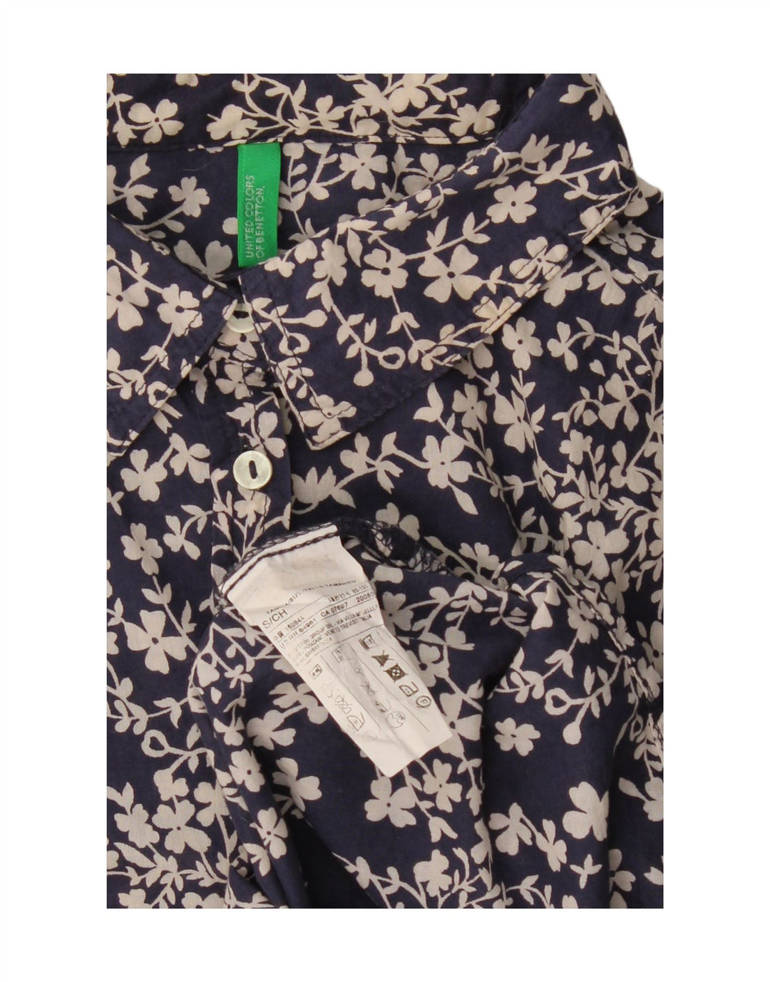 Camisa oversized feminina BENETTON Reino Unido 10 pequeno algodão floral azul marinho