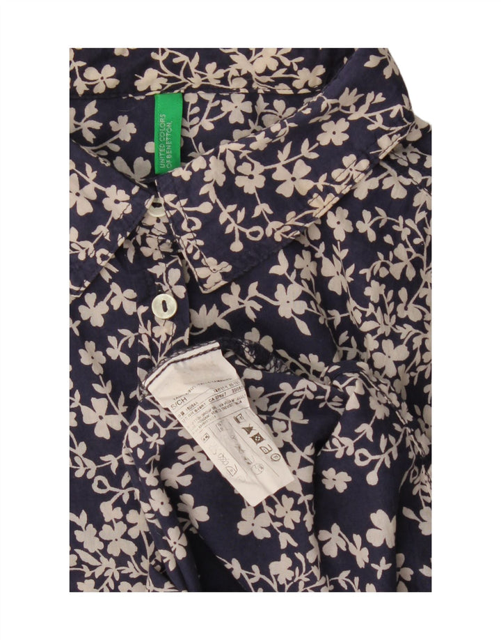 Camisa oversized feminina BENETTON Reino Unido 10 pequeno algodão floral azul marinho