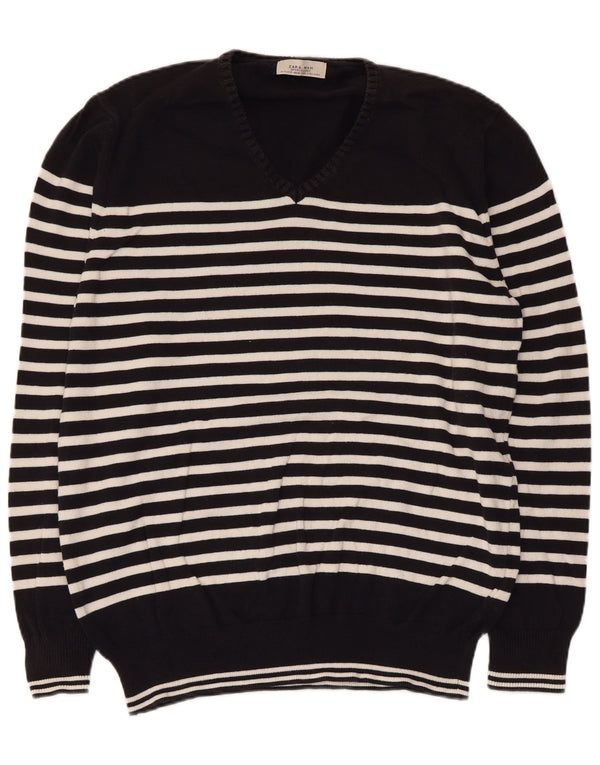 Zara Suéter masculino com decote em V XL listrado preto