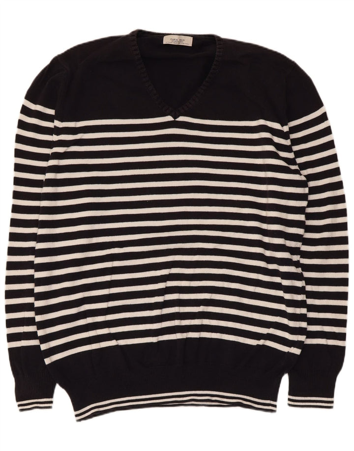 Zara Suéter masculino com decote em V XL listrado preto