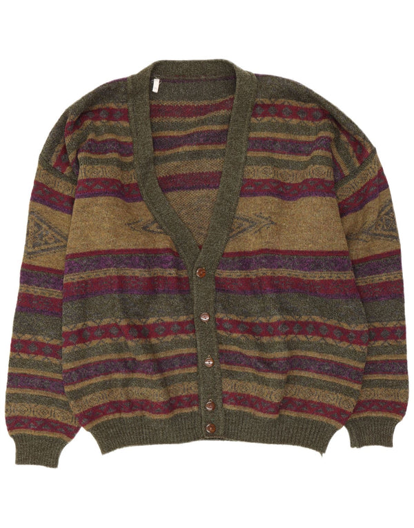 Suéter cardigã masculino vintage de ajuste regular 2XL verde listrado poliamida retrô
