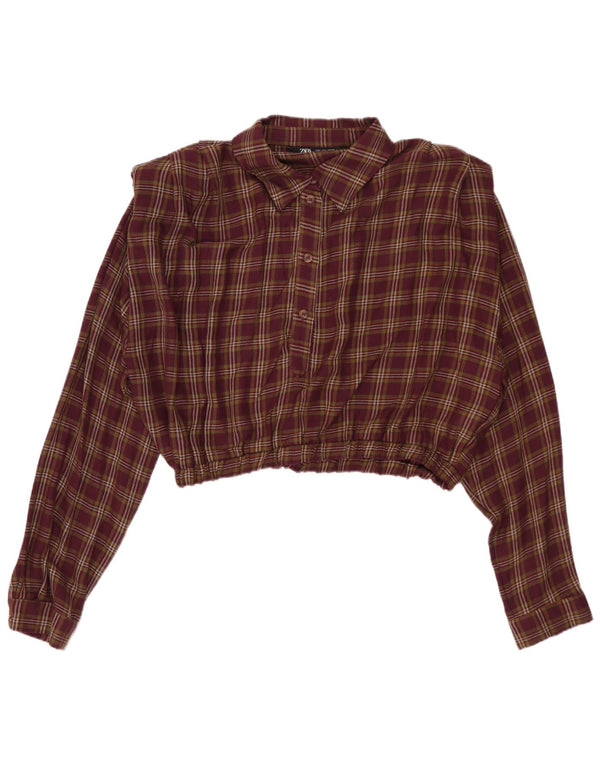 Zara blusa feminina cropped manga comprida top Reino Unido 16 grande borgonha xadrez viscose