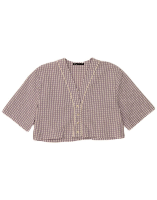 Zara Womens Crop Oversized Shirt Blouse UK 14 Medium Purple Check Cotton