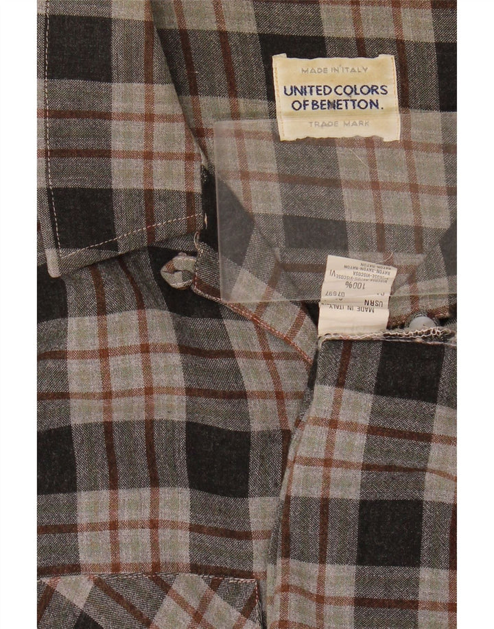 Camisa de flanela feminina Benetton UK 12 Viscose xadrez cinza médio