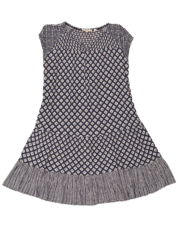 Vestido feminino Fat Face evasê Reino Unido 10 pequeno azul marinho viscose geométrica