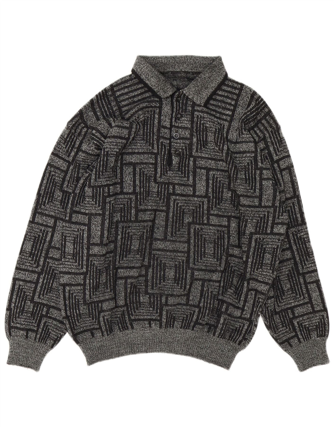 Suéter vintage masculino com gola polo e grande cinza geométrico