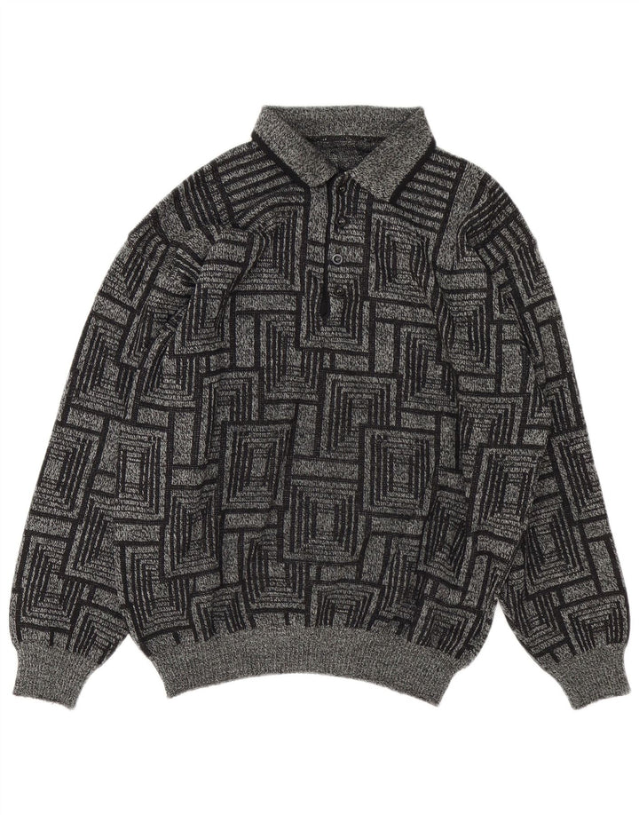 Suéter vintage masculino com gola polo e grande cinza geométrico