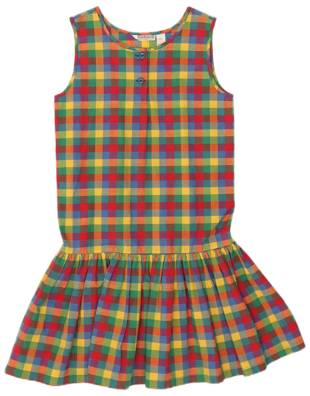 Vestido feminino Cacharel sem mangas evasê US 12 grande guingão multicolorido