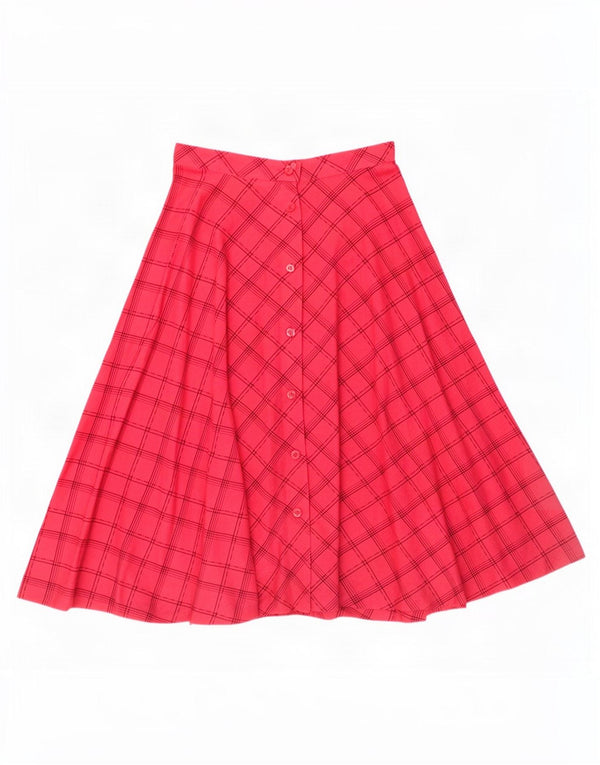 Saia larga feminina vintage pequena W26 algodão xadrez rosa