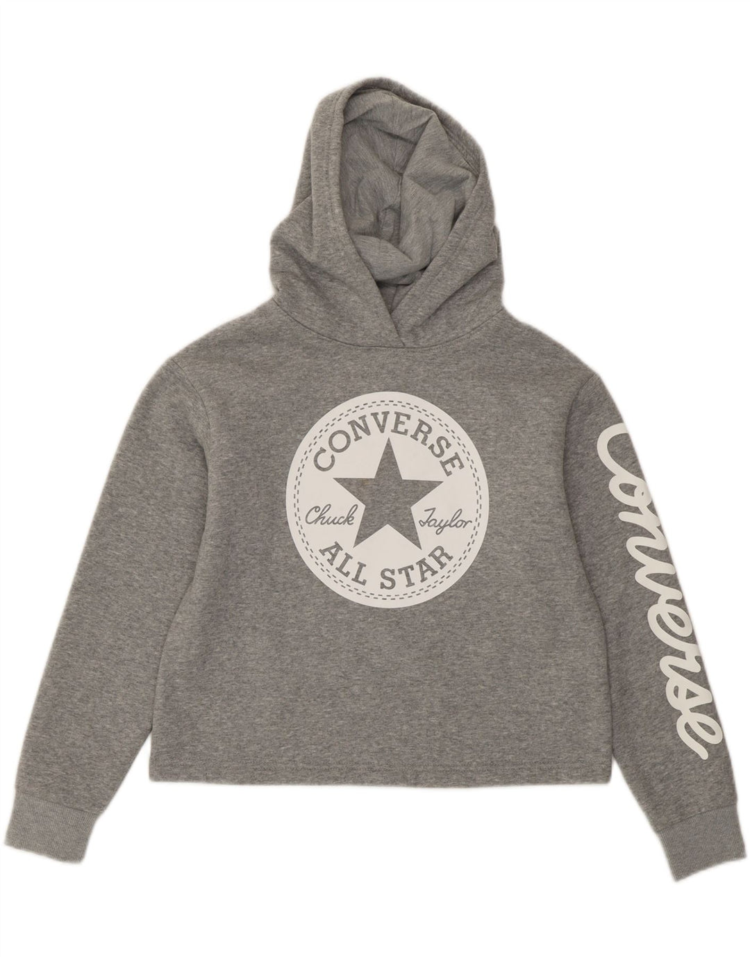 CONVERSE Girls Graphic Hoodie Jumper 12-13 Years Large Grey Cotton Vintage Converse and Second-Hand Converse from Messina Hembry 
