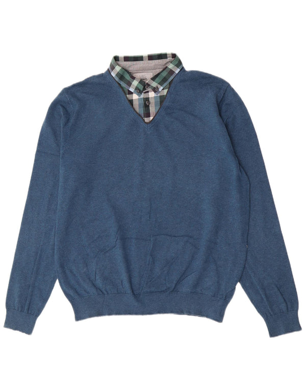 Suéter masculino Marks & Spencer regular fit com gola polo grande azul