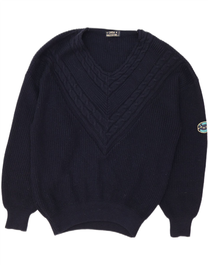 Suéter masculino vintage com decote em V XL lã azul marinho