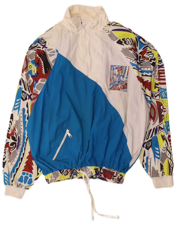 Vintage masculino padrão abstrato solto ajuste pulôver agasalho top médio azul