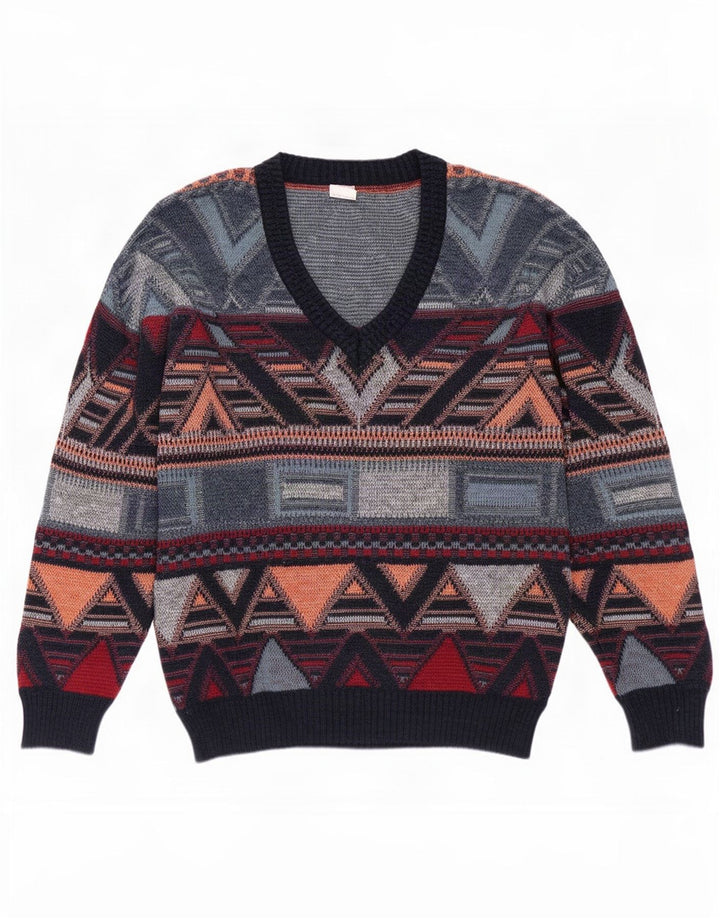 Suéter masculino vintage com decote em V UK 38/40 médio multicolorido geométrico