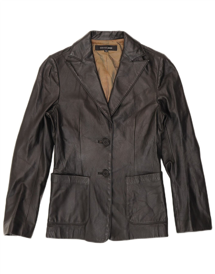 Jaqueta blazer feminina vintage de couro com 2 botões Reino Unido 10 pequena preta