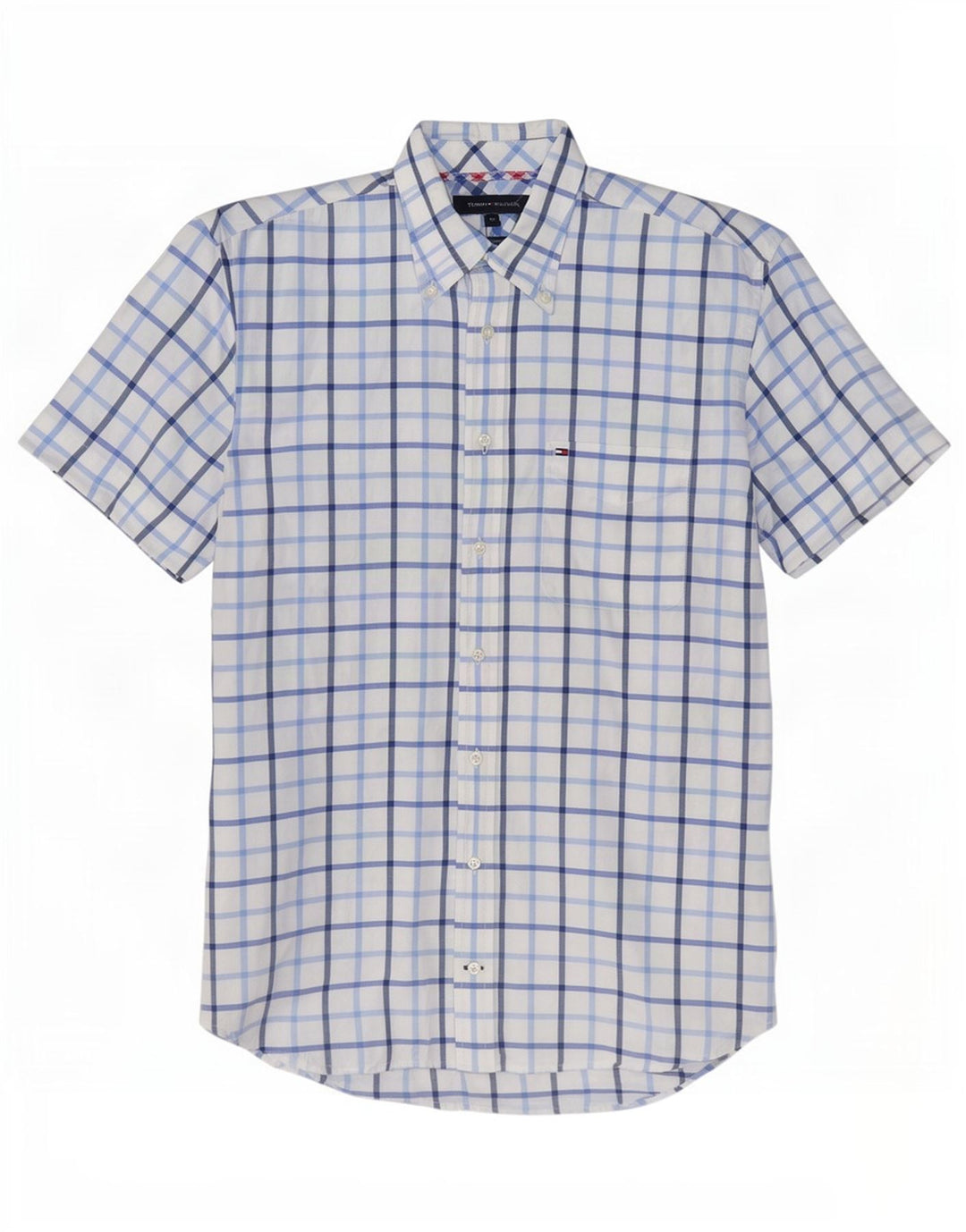 Camisa masculina de manga curta Tommy Hilfiger, algodão xadrez branco médio
