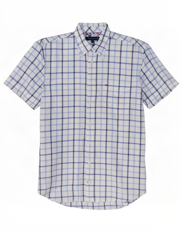 Camisa masculina de manga curta Tommy Hilfiger, algodão xadrez branco médio