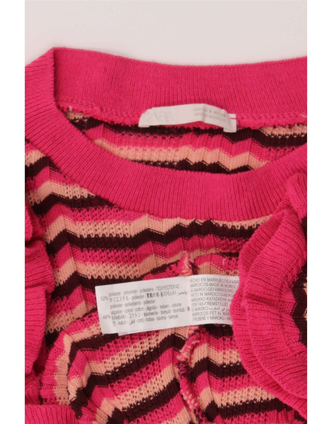Camiseta feminina Zara UK 8 pequena listrada rosa poliéster