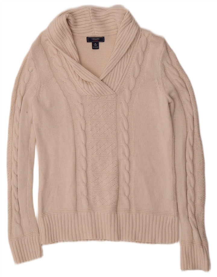 Suéter feminino Chaps com gola xale e algodão branco médio UK 12