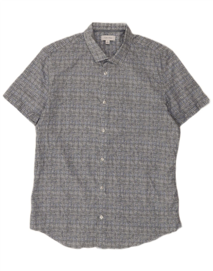 Camisa masculina de manga curta Calvin Klein algodão xadrez azul médio