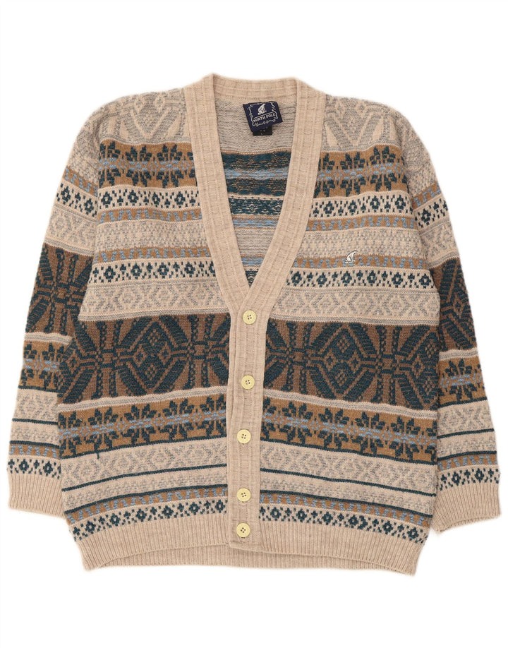 Suéter cardigã masculino North Pole grande bege lã Fair Isle