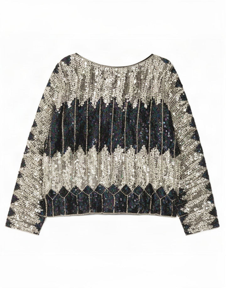 Blusa feminina vintage de lantejoulas UK 20 2XL bloco colorido multicolorido