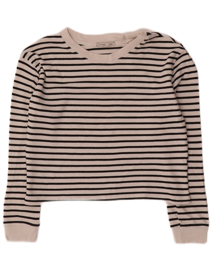 Zara Top feminino de manga comprida manga comprida Reino Unido 14 médio branco listrado náutico