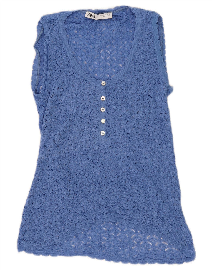 Blusa feminina de crochê sem mangas Zara Top UK 12 azul médio