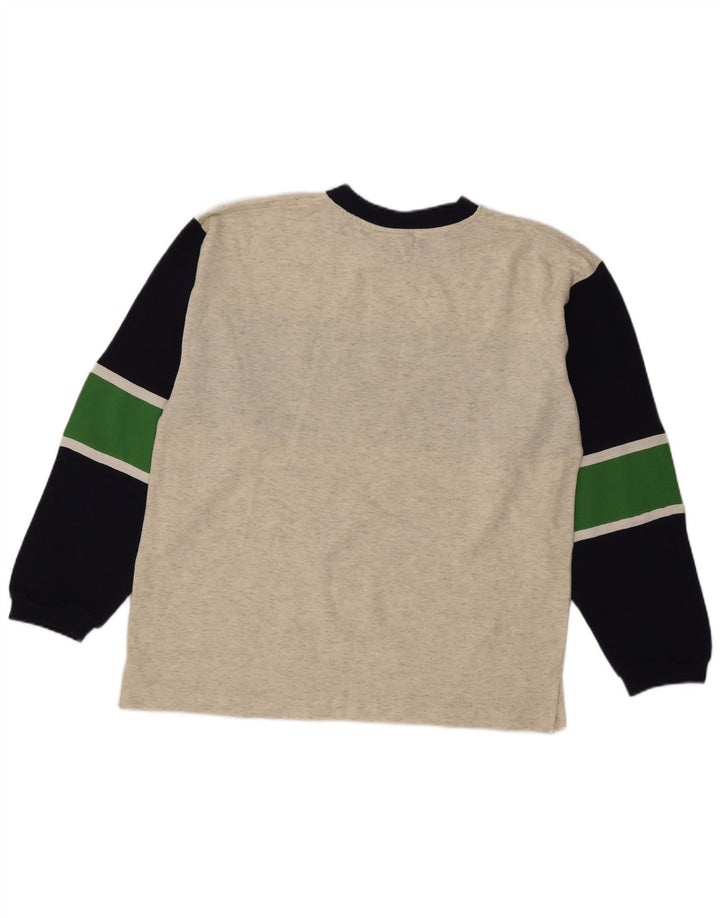 Top gráfico masculino vintage de manga comprida grande bloco colorido cinza