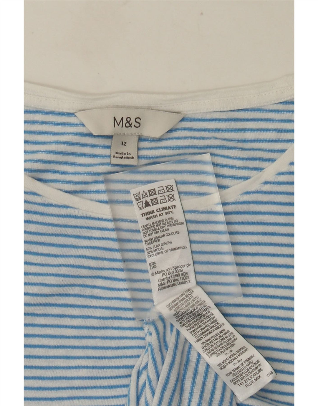 Camiseta feminina Marks & Spencer UK 12 linho listrado azul médio